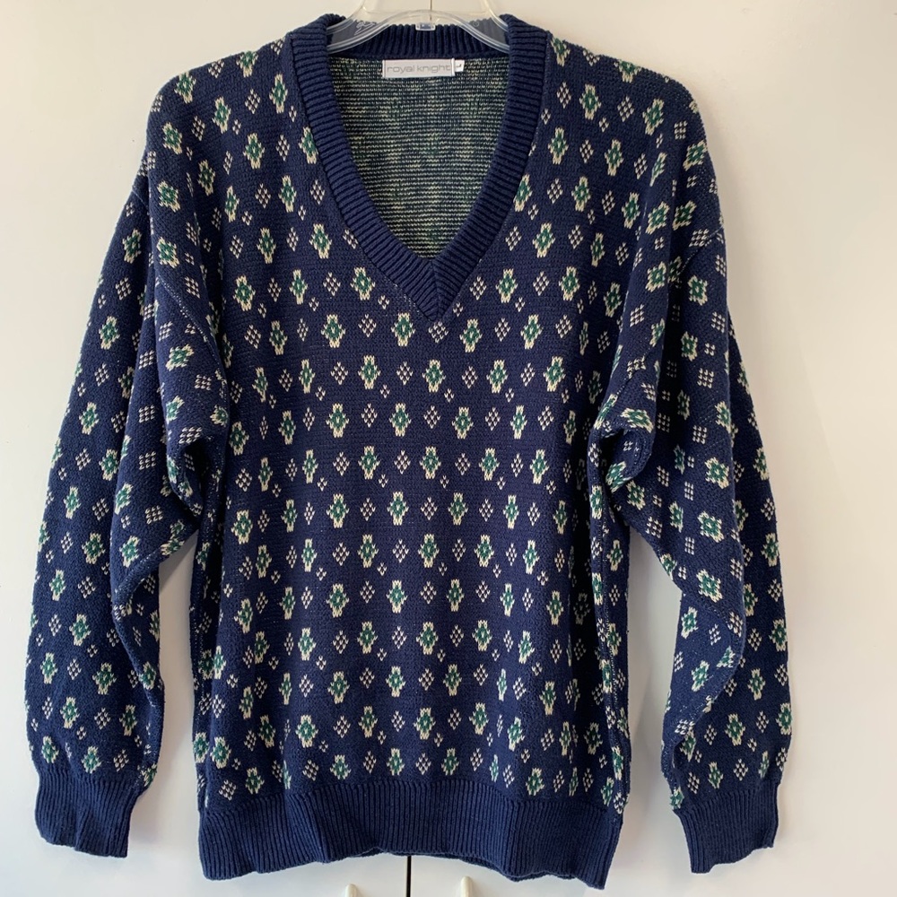 Vintage Royal Knight Men’s V-Neck Cotton Sweater - sz L